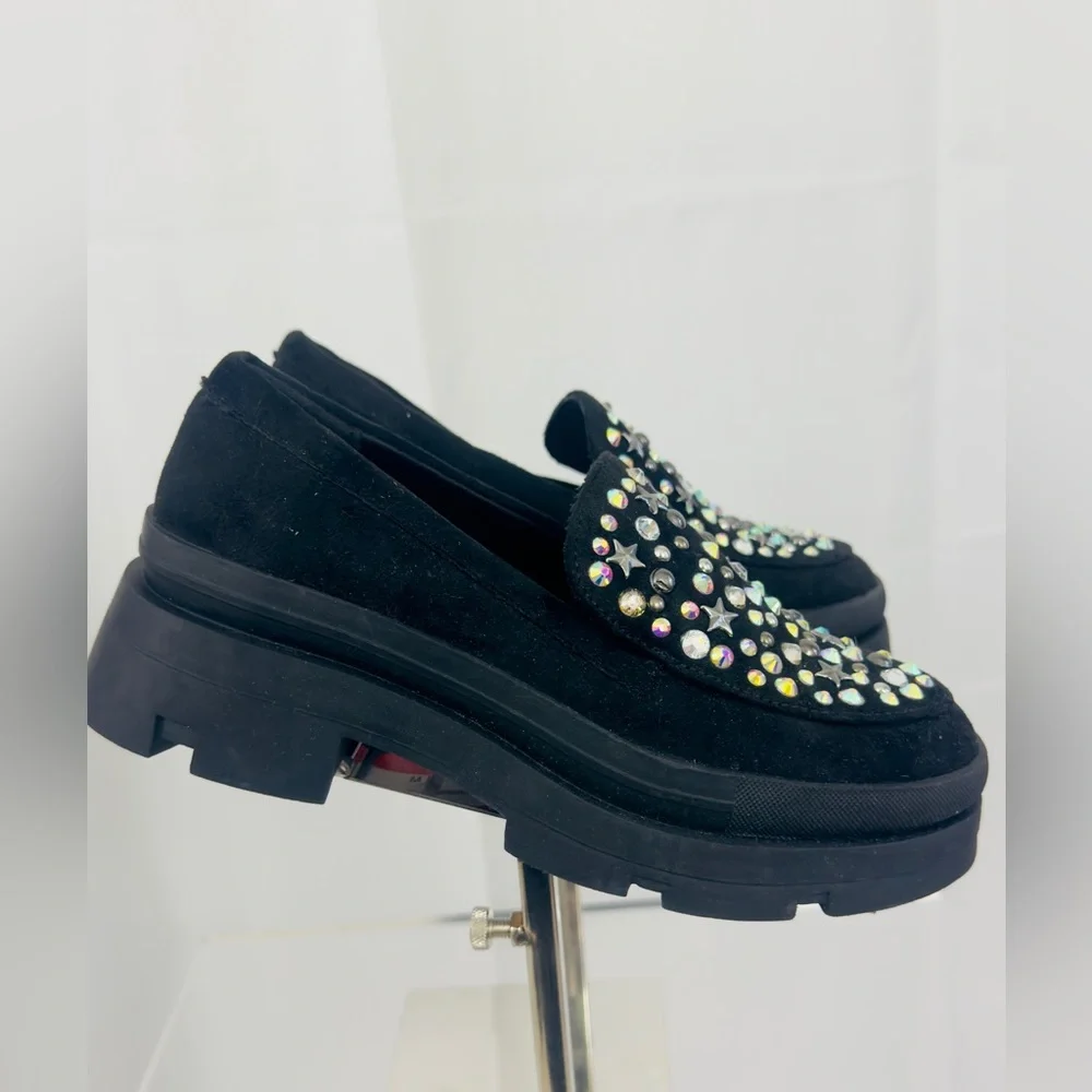 Steve Madden Black Velvet Chunky Sole Loafers -  Multicolored Studs Girls 2 NWT